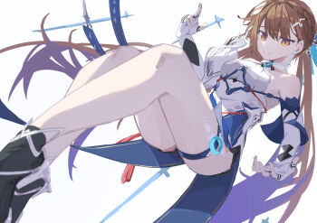 1girl absurdres arm_up bare_shoulders breasts brown_eyes brown_hair china_dress chinese_clothes chinese_commentary closed_mouth commentary_request dress elbow_gloves fingerless_gloves floating floating_object floating_sword floating_weapon full_body gloves hair_ornament highres honkai_(series) honkai_impact_3rd li_sushang li_sushang_(jade_knight) long_hair looking_at_viewer lupinu5 medium_breasts outstretched_arm red_pupils smile solo sword thighs weapon white_background white_dress white_gloves