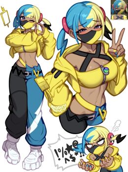 abs artist_name black_mask blonde_hair blue_hair blue_nails blush blushyspicy breasts canari_(pokemon) cleavage closed_eyes commentary dark-skinned_female dark_skin english_commentary gen_4_pokemon grey_eyes head_steam highres jacket long_sleeves looking_at_viewer mask medium_breasts medium_hair mega_stone midriff mouth_mask multicolored_hair multicolored_nails nail_polish navel nintendo pants pokemon pokemon_legends:_z-a reference_inset rotom rotom_phone shoes split-color_hair two-tone_mask two-tone_pants v white_shoes yellow_jacket yellow_mask yellow_nails
