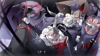 1boy animal_ears bamboo-hatted_kim bdsm bear_claws bear_ears bear_paw belt black_belt black_pants bondage bound claws commentary e.g.o_(project_moon) english_commentary hat hex_nail_(e.g.o) highres jingasa limbus_company male_focus nail_(hardware) pants paw_sleeves project_moon rope_around_arm rope_around_waist scar scar_on_face scar_on_mouth shoggoth_(sirens20211) stab