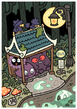 :o absurdres billspooks bird bus_stop bus_stop_sign clenched_teeth closed_eyes darkrai evolutionary_line fangs forest gastly gen_1_pokemon gen_2_pokemon gen_4_pokemon gengar haunter highres lamppost legendary_pokemon light_frown moss murkrow mushroom mythical_pokemon nature nintendo odd_keystone open_mouth parted_lips perching pokemon pokemon_(creature) puddle red_eyes reflection reflective_water spiritomb teeth u_u wavy_mouth