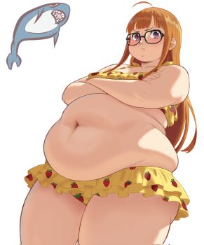 1girl ahoge angry arms_under_breasts belly bikini black-framed_eyewear blunt_bangs blush breasts cherryzard98 crossed_arms embarrassed fat fat_woman food_print frilled_bikini frills frown fruit_print glasses long_hair muffin_top navel orange_hair persona persona_5 pout purple_eyes sakura_futaba shark small_breasts solo standing straight_hair strawberry_print strawberry_print_bikini swimsuit white_background yellow_bikini