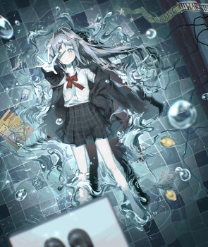 Rule 34 | 1girl, absurdres, afloat, black jacket, black skirt, blue eyes, bow, bowtie, caution tape, collared shirt, commentary request, from above, grey hair, hair intakes, highres, jacket, kuwei (kuwei 2333), long hair, looking at viewer, off shoulder, original, parted lips, pool, reaching, reaching towards viewer, red bow, rubber duck, shirt, skirt, water drop, white shirt