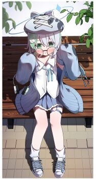 1girl :o absurdres beret black-framed_eyewear blue_halo blue_hat blue_jacket blue_ribbon blue_shoes blue_skirt border bow cat_hair_ornament collared_shirt commission cross-laced_headwear frilled_skirt frills full_body glasses green_eyes green_hair grey_hair hair_between_eyes hair_ornament halo hands_up hashtag-only_commentary hat hat_bow highres jacket long_sleeves looking_at_viewer medium_hair moepu. multicolored_hair neck_ribbon o-ring o-ring_thigh_strap on_bench open_clothes open_jacket open_mouth original pleated_skirt ribbon round_eyewear shirt shoes sitting skeb_commission skirt sleeve_ribbon sleeveless sleeveless_shirt sleeves_past_fingers sleeves_past_wrists sneakers socks solo streaked_hair thigh_strap two-tone_hair white_border white_bow white_shirt white_socks