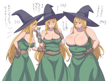 3girls age_progression angry arguing bare_shoulders belly belly_grab belt black_headwear blonde_hair blush breasts brown_gloves bursting_breasts cleavage collarbone dress eating embarrassed female_focus food furrowed_brow gloves green_dress hat highres holding holding_spoon huge_breasts ice_cream karaage53ko large_breasts leaning_forward leather leather_gloves long_dress long_hair looking_at_another mature_female mole mole_on_breast muffin_top multiple_girls multiple_persona original plump red_eyes sidelocks simple_background spoon standing sundae sweatdrop translation_request weight_conscious weight_gain white_background witch witch_hat