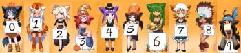 Rule 34 | 6+girls, animal ears, bare shoulders, black eyes, black hair, blonde hair, blue eyes, blush, cat ears, cat tail, counter girls, food, gelbooru, green eyes, hair ribbon, headdress, long hair, looking at viewer, meta, meziosaur, multiple girls, pilgrim hat, pumpkin, purple hair, ribbon, short hair, sitting, skirt, smile, tail, thanksgiving, thighs, turkey (food), twintails, white hair