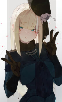 1girl absurdres aqua_eyes beret black_hat blonde_hair blue_dress blue_jacket blue_scarf blush breasts brown_gloves cropped_jacket deko_morii dress fate_(series) flower fur_collar gloves grey_flower grey_rose hat highres jacket licking_lips long_hair long_sleeves looking_at_viewer lord_el-melloi_ii_case_files reines_el-melloi_archisorte rose scarf sidelocks small_breasts smile solo tilted_headwear tongue tongue_out