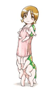 1girl arthropod_girl bottomless brown_eyes brown_hair caterpillar_girl extra_arms extra_breasts extra_legs extra_pussies facing_viewer female_focus flat_chest full_body highres horihone_saizou light_blush loli looking_at_viewer monster_girl original pussy see-through_clothes short_hair simple_background smile solo standing uncensored what white_background