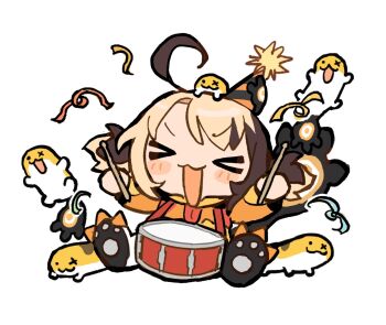 Rule 34 | > <, 1girl, :3, :d, ahoge, blush stickers, chibi, closed eyes, confetti, drum, drumsticks, gigi murin, gigi murin (1st costume), grem (gigi murin), hat, highres, hololive, hololive english, hood, hoodie, huge ahoge, instrument, multicolored hair, open mouth, orange hoodie, party hat, paw shoes, sakanafune, smile, solo, two-tone hair, virtual youtuber, white background, x3, xd