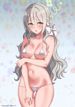 1girl :o absurdres alternate_costume argyle_background arm_under_breasts artist_name bikini blue_archive blush bow braid breasts cameltoe commentary_request covered_clitoris cowboy_shot dotted_line gluteal_fold grey_hair groin hair_bow hair_ribbon halo highres kenja_panda looking_at_viewer medium_breasts micro_bikini miyo_(blue_archive) navel ribbon ribbon_braid solo stomach string_bikini swimsuit thigh_gap twitter_username white_bikini white_bow white_ribbon yellow_eyes