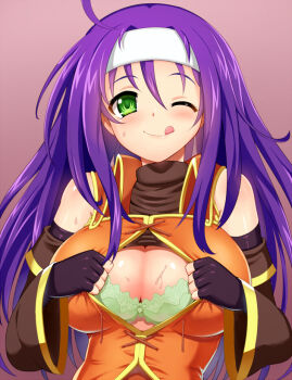 1girl :q ;q bad_id bad_pixiv_id bra breasts center_opening cleavage detached_sleeves elbow_gloves female_focus fingerless_gloves fire_emblem fire_emblem:_path_of_radiance fire_emblem:_radiant_dawn gloves green_bra green_eyes headband lace lace-trimmed_bra lace_trim large_breasts matanonki mia_(fire_emblem) nintendo one_eye_closed open_clothes open_shirt purple_hair shirt solo sweat tongue tongue_out underwear upper_body wink