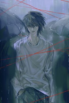 1boy bags_under_eyes black_hair black_pants blue_eyes closed_mouth death_note evl_1230 hand_in_pocket hashtag-only_commentary highres l_(death_note) long_sleeves looking_at_viewer male_focus pants people rain shirt short_hair solo_focus standing umbrella white_shirt