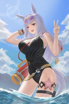 Rule 34 | 1girl, absurdres, anchor tattoo, animal ears, arm tattoo, black one-piece swimsuit, blue sky, blunt bangs, bracelet, breasts, casual one-piece swimsuit, cleavage, cloud, commentary, ear ornament, eyewear on head, gold ship (run revolt launcher) (umamusume), gold ship (umamusume), grey hair, highres, horse ears, horse girl, horse tail, jewelry, large breasts, long hair, looking at viewer, ocean, official alternate costume, one-piece swimsuit, open mouth, outdoors, purple-tinted eyewear, purple eyes, saeshimi, sky, smile, solo, starfish, sunglasses, swimsuit, tail, tattoo, teeth, thigh strap, tinted eyewear, umamusume, upper teeth only, v, wading, water, water drop, water gun, wet, yellow-framed eyewear