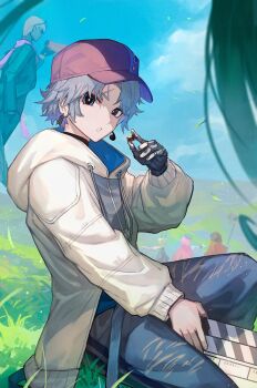 3boys 3girls black_gloves blue_eyes blue_sky clapperboard colored_skin dante_alighieri_(fate) dark-skinned_male dark_skin demon_horns denim fate/grand_order fate_(series) gloves grass green_hair grey_skin hair_around_horn hand_in_pocket hat highres holding holding_megaphone hood hooded_jacket horns indra_(fate) jacket jeans lack lilith_(fate) long_hair long_sleeves looking_at_viewer louhi_(fate) mash_kyrielight megaphone multiple_boys multiple_girls official_alternate_costume official_artist_extra outdoors pants prosthesis prosthetic_arm purple_hair purple_scarf red_jacket salmiakki scar scar_on_face scar_on_forehead scarf short_hair sitting sky solo_focus torn_clothes torn_jeans torn_pants toudou_heisuke_(fate) twintails white_hair white_jacket