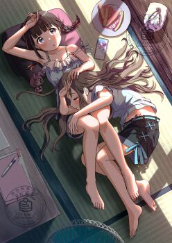 Rule 34 | 2girls, :o, absurdres, arm up, armpits, artist logo, barefoot, belt, black hair, black shoes, blush, braid, brown hair, cellphone, closed eyes, closed mouth, collarbone, commentary request, day, feet, fetal position, film grain, fingernails, folder, food, food bite, frilled shirt, frills, fruit, grey shirt, hair ribbon, hair spread out, head on pillow, highres, indoors, knees up, logo, long hair, lying, medium hair, multiple girls, on back, on floor, on side, original, pancake (pocket domori), parted lips, pen, phone, pillow, pink eyes, plate, red ribbon, ribbon, shirt, shoes, sleeping, sleeping on person, sleeveless, sleeveless shirt, smartphone, strap slip, sunlight, tatami, toenails, watermark, watermelon, watermelon slice, wavy hair, window shadow