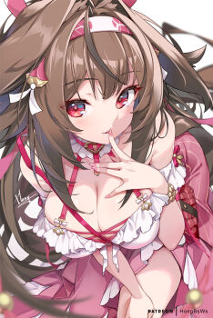 1girl breasts brown_hair cleavage commentary_request dress fingernails hairband highres hong_(white_spider) large_breasts long_hair looking_at_viewer official_alternate_costume patreon_username pink_dress pink_hairband simple_background solo thighs white_background ye_shunguang zenless_zone_zero