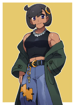 1girl :3 bare_shoulders belt black_hair breasts crop_top dark-skinned_female dark_skin emma_(pokemon) highres juno_son key looking_at_viewer medium_breasts muscular muscular_female nintendo pants pokemon pokemon_legends:_z-a purple_eyes short_hair