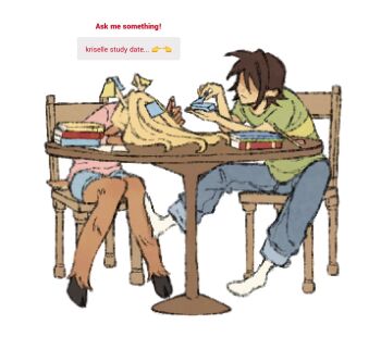 1girl 1other blonde_hair book brown_hair chair commentary deltarune english_commentary english_text furry furry_female ginakusgf green_shirt head_on_table highres hooves horns kris_(deltarune) long_hair noelle_holiday on_chair partially_shaded_face pink_shirt request_inset shirt short_hair short_sleeves single_horizontal_stripe sitting socks sticky_note strawpage striped_clothes striped_shirt table utdr_(toby_fox) white_socks