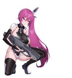 1girl animated artist_collaboration ass black_thighhighs blush bouncing_ass bouncing_breasts breasts bridal_gauntlets closed_mouth firing from_behind goddess_of_victory:_nikke hair_ornament highres kirome_(kamipaper) kneeling large_breasts live2d lk_(lk00) long_hair multiple_views new_(lk) nipples original pink_hair side_ponytail tagme thighhighs very_long_hair video