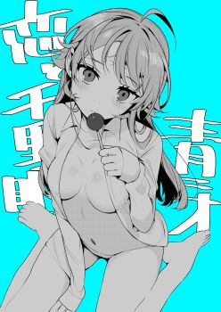 Rule 34 | 1girl, absurdres, ahoge, barefoot, blue background, blush, breasts, candy, chihaya senri, closed mouth, commentary request, food, greyscale with colored background, highres, holding, holding candy, holding food, holding lollipop, kneeling, koi to senrigan to aonisai, lollipop, long hair, navel, open clothes, open shirt, ouchi kaeru, saturated background, solo, stomach