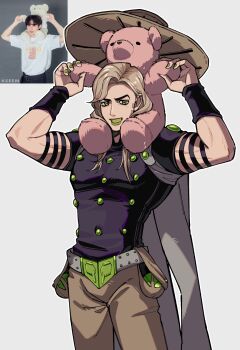 1boy 3kyu4ever absurdres armband belt belt_buckle blonde_hair brown_hat brown_pants buckle cape carrying cowboy_shot gold_teeth green_eyes green_lips green_nails grey_belt grey_cape grin gyro_zeppeli hashtag-only_commentary hat highres holding holding_stuffed_toy holster jojo_no_kimyou_na_bouken long_hair looking_at_viewer makeup male_focus pants purple_armband purple_shirt reference_inset shirt short_sleeves shoulder_carry simple_background smile solo steel_ball_(jojo) steel_ball_run stuffed_animal stuffed_toy teddy_bear unworn_hat unworn_headwear wristband