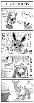 1girl 4koma comic eevee evolution evolution_stone evolutionary_stone fire_stone flareon gen_1_pokemon greyscale hard-translated jolteon leaf_(pokemon) long_image monochrome nintendo pokemoa pokemon pokemon_(creature) tall_image third-party_edit thunder_stone vapojoltiflareon vaporeon water_stone