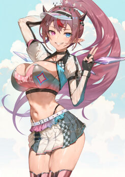 1girl :d arm_behind_head asymmetrical_wings black_choker black_gloves blue_eyes breasts choker cleavage commentary commission cropped_jacket crystal_wings detached_wings double_halo earrings english_commentary fingerless_gloves gloves halo hand_up heterochromia high_ponytail highres hololive hololive_english horns irys_(hololive) irys_(race_queenrys)_(hololive) jacket jewelry juliet_sleeves large_breasts long_hair long_sleeves looking_at_viewer maro2ki3 miniskirt mismatched_wings multicolored_hair navel official_alternate_costume official_alternate_hairstyle open_mouth panty_straps pink_thighhighs pointy_ears ponytail print_bandeau puffy_sleeves purple_eyes purple_hair race_queen red_hair skirt smile solo star_halo stomach streaked_hair thighhighs v very_long_hair virtual_youtuber visor_cap white_jacket wings