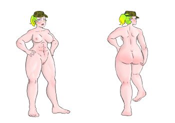 abdomen_swell absurdres ass blue_eyes breasts commentary completely_nude english_commentary feet green_hair hat highres hot huge_ass huge_breasts naked_shirt non-web_source nude original pussy shirt small_nipples soldier strong