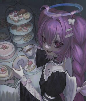 1girl :d angel_wings black_choker black_dress bow braid cake cake_slice choker clothing_cutout collarbone_piercing cookie cross-laced_clothes cross-laced_cutout cross-laced_sleeves cup dress fang food frilled_choker frilled_dress frills fruit hair_between_eyes hair_bow hair_intakes hair_ornament halo heart heart-shaped_pupils highres holding holding_cup holding_plate indoors long_hair long_sleeves looking_at_viewer mdm4 open_mouth original piercing pink_eyes pink_hair pink_ribbon plate pocket_watch print_dress puffy_long_sleeves puffy_sleeves razor_blade_hair_ornament ribbon smile solo spoon strawberry sweets symbol-shaped_pupils table tea tiered_tray tooth_hair_ornament twin_braids watch white_bow wide_sleeves wings