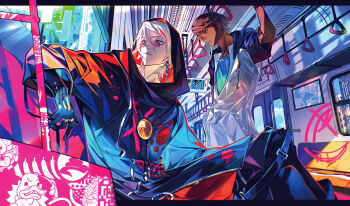 2boys absurdres alternate_costume arjuna_(fate) baggy_clothes black_eyes black_jacket black_pants blue_eyes blue_shirt brown_hair casual chromatic_aberration closed_mouth commentary dark-skinned_male dark_skin drawstring earrings eeju eyeshadow fate/grand_order fate_(series) gloves graffiti hair_between_eyes hand_grip highres holding_hand_grip hood hood_up hooded_jacket jacket jewelry karna_(fate) karna_(under_the_same_sky)_(fate) letterboxed long_sleeves makeup male_focus multiple_boys multiple_rings outside_border pale_skin pants parted_lips pendant print_jacket red_eyeshadow ring shirt short_hair single_earring sitting splatter_print standing subway train_interior undershirt vehicle_interior white_hair window zipper