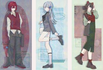 Rule 34 | 3girls, adjusting footwear, adversarial noise, alternate costume, ange katrina, animal ears, ankle boots, artist name, bag, black shirt, black shoes, blue flower, blue nails, blue rose, blush, bobby socks, boots, breasts, brown hair, brown shoes, closed mouth, collared shirt, color coordination, column lineup, commentary request, cropped jacket, dog ears, drop shadow, flower, full body, green shirt, green skirt, grey bag, grey boots, grey eyes, grey jacket, grey overskirt, grey pants, grey skirt, hair bun, hair intakes, hair ornament, heterochromia, high-waist skirt, highres, holding, holding bag, holding flower, inui toko, jacket, lapels, leg up, legwear garter, lize helesta, long hair, long legs, long skirt, long sleeves, medium hair, miniskirt, multicolored eyes, multiple girls, nail polish, nijisanji, no tail, notched lapels, open clothes, open jacket, pants, pantsleg zipper, pencil skirt, pinstripe pattern, pinstripe shirt, pleated skirt, puffy long sleeves, puffy sleeves, purple eyes, red eyes, red hair, red socks, red sweater vest, rose, sanbaka (nijisanji), shirai-000, shirt, shoes, shoulder bag, sidelocks, skirt, small breasts, smile, socks, standing, standing on one leg, sweater vest, two-tone eyes, virtual youtuber, watermark, white bag, white hair, white shirt, white socks, yellow eyes