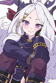 1girl ahoge black_gloves black_halo black_skirt blue_archive blush demon_girl demon_horns gloves halo highres hina_(blue_archive) horns long_hair looking_at_viewer mosuke1221 purple_eyes simple_background skirt solo very_long_hair white_background white_hair