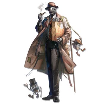 1boy arknights bag brown_coat brown_hat brown_pants brown_theme coat diagonal-striped_clothes diagonal-striped_necktie facial_hair floating_clothes formal_clothes full_body hat highres holding holding_smoking_pipe male_focus mustache necktie official_art pants paper_bag red_necktie robot shutun simple_background single_suspender_hanging smoking_pipe solo standing striped_clothes suspender_pants suspenders tachi-e third-party_source tin_man_(arknights) transparent_background trench_coat