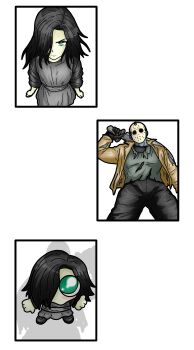 absurdres alexzard angry black_dress black_hair blush boy_hongo capcom child drawhpr draws_h_p_r dress eveline friday_the_13th green_eyes highres hockey_mask jason_voorhees looking_at_another mask meme monster monster_boy monster_girl no_humans pale_skin pleading_eyes resident_evil resident_evil:_revelations_2 resident_evil_4 resident_evil_7:_biohazard resident_evil_village shadow torn_clothes