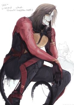 1boy absurdres armor brown_hair commentary death_stranding_2:_on_the_beach english_commentary english_text finger_to_mouth gold_eyeshadow gold_lips higgs_(death_stranding) highres index_finger_raised invisible_chair jewelry long_hair male_focus necklace parted_lips pyroronchin0 shushing sitting solo tentacles white_background