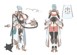 Rule 34 | 1girl, aqua hair, armor, armored boots, ass, backless outfit, boots, breasts, chain, character sheet, cleavage, commentary request, glasses, gold trim, gorget, greaves, hair bun, high heels, highres, huge breasts, katisha (kyonyuu fantasy burst), kyonyuu fantasy, kyonyuu fantasy burst, large breasts, mace, nipples, partially visible vulva, pelvic curtain, remu (kirieroido), shoulder armor, shoulder blades, simple background, solo, spiked mace, spikes, thighhighs, thong, v, weapon, yellow eyes