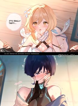 1boy 1girl arm_cutout armor armpit_crease bare_shoulders black_bodysuit black_gloves black_hair black_shorts blonde_hair blue_trim blunt_ends blush bodysuit breasts bridal_gauntlets cleavage clothing_cutout couple covered_collarbone covering_own_mouth cum cum_on_body detached_sleeves dress eyeliner eyeshadow facial feet fingernails from_above furrowed_brow genshin_impact gloves glowing_markings gold_ring hair_between_eyes hakama hakama_shorts halterneck hand_over_own_mouth hands_on_another&#039;s_thighs hetero highres implied_after_fellatio implied_ejaculation japanese_armor japanese_clothes kote kurokote looking_at_viewer looking_up lumine_(genshin_impact) makeup middle_ring naiah_504 off_shoulder open_hand open_mouth partially_fingerless_gloves pov pov_legs purple_eyes red_eyeliner red_eyeshadow scaramouche_(genshin_impact) scarf short_hair short_hair_with_long_locks shorts sidelocks skirt star_(symbol) star_print suggestive_fluid tears trembling tsurime twitter_username wanderer_(genshin_impact) white_dress white_scarf white_skirt white_sleeves yellow_eyes