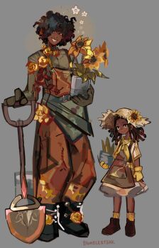 1girl animal_ears artist_name black_hair blush boots bumblesteak cypress_grym dark-skinned_female dark_skin english_text flower gloves grey_background hat highres light_smile long_hair looking_at_viewer medium_hair multicolored_hair open_mouth original plant potted_plant shirt short_hair shovel simple_background smile sunflower tail