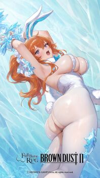 1girl animal_ears ass blush breasts brown_dust_(series) brown_dust_2 fake_animal_ears hair_between_eyes highres large_breasts long_hair looking_at_viewer official_alternate_costume official_art open_mouth orange_hair pantyhose playboy_bunny ponytail purple_eyes rabbit_ears rabbit_tail tail zenith_(brown_dust)