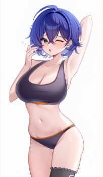 1girl ;o absurdres ahoge arm_behind_head arm_up belle_(zenless_zone_zero) black_panties black_sports_bra blue_hair breasts cleavage cowboy_shot demcheg green_eyes hand_up highres large_breasts looking_at_viewer navel one_eye_closed panties short_hair simple_background solo sports_bra underwear white_background yawning zenless_zone_zero