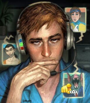 4boys absurdres arm_up bat_boy blue_eyes blue_shirt brown_eyes brown_hair cabinet closed_eyes collared_shirt commentary dispatch english_commentary fangs file_cabinet flambae_(dispatch) goggles goggles_on_head headphones highres kazuya_guy_(meme) laughing_cat_pointing_at_you_(meme) looking_at_viewer male_focus meme multiple_boys open_mouth plant potted_plant robert_robertson shirt shuploc sonar_(dispatch) twitter_username waterboy_(dispatch)