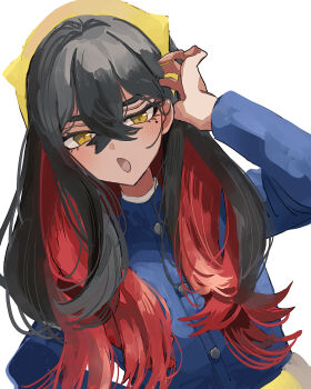 1girl :o absurdres black_hair blue_jacket blueberry_academy_school_uniform carmine_(pokemon) colored_inner_hair commentary crossed_bangs hair_between_eyes hairband highres jacket long_hair long_sleeves looking_at_viewer mole mole_under_eye multicolored_hair nintendo open_mouth paddy_field pokemon pokemon_scarlet_and_violet red_hair school_uniform solo two-tone_hair upper_body white_background yellow_eyes yellow_hairband