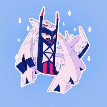 archaludon badfish08 blue_background colored_sclera colored_teeth commentary_request full_body lower_teeth_only nintendo no_humans open_mouth outline pokemon pokemon_(creature) pokemon_focus red_eyes red_teeth sharp_teeth simple_background slit_pupils solo teeth white_outline yellow_sclera