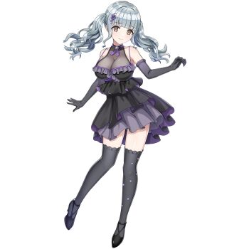 1girl black_dress black_thighhighs blunt_bangs breasts brown_eyes cleavage closed_mouth dolphin_wave dress elbow_gloves game_cg gloves grey_hair hair_ornament high_heels highres large_breasts light_blush looking_at_viewer nagato_mei non-web_source official_alternate_costume official_art ootomo_takuji see-through_clothes see-through_dress sidelocks smile thighhighs transparent_background twintails wavy_hair