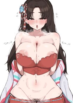 1girl arms_behind_back blush breasts brown_eyes brown_hair cleavage futon_infinity hair_ornament heavy_breathing highres large_breasts long_hair looking_at_viewer nipples open_mouth parted_lips pubic_hair shiranui_mai simple_background solo steam street_fighter sweat tongue tongue_out wide_hips