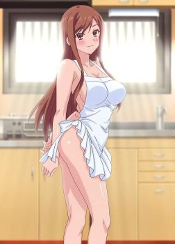 1girl anime_screenshot apron ass ayane_shirakawa blush breasts brown_eyes brown_hair day indoors kitchen legs naked_apron overflow_(anime) solo standing