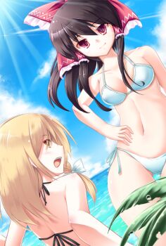 2girls bikini black_hair blonde_hair breasts date_hajime day female_focus hair_ribbon hakurei_reimu kirisame_marisa long_hair multiple_girls nature ocean outdoors plant red_eyes ribbon side-tie_bikini_bottom sky swimsuit touhou