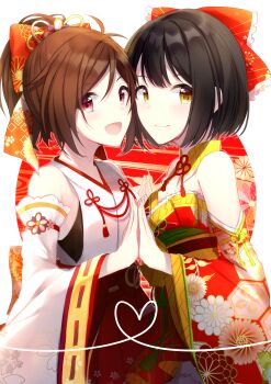 2girls absurdres black_hair bow bowtie brown_hair chobo_ume commentary_request detached_sleeves domyoji_karin floral_print highres idolmaster idolmaster_cinderella_girls idolmaster_cinderella_girls_starlight_stage japanese_clothes multiple_girls nontraditional_miko open_mouth partial_commentary red_eyes short_hair smile takafuji_kako tassel