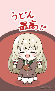 Rule 34 | 1girl, bowl, chibi, chopsticks, closed eyes, commentary request, food, highres, holding, holding bowl, long hair, mitya, nogi sonoko, noodles, skirt, solo, translation request, washio sumi wa yuusha de aru, white skirt, yuusha de aru