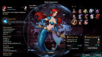 armor bikini_armor breasts character_select collar game_cg highres holding holding_polearm holding_weapon looking_at_viewer medium_breasts mermaid monster_girl multiple_girls polearm red_eyes red_hair screencap trident weapon