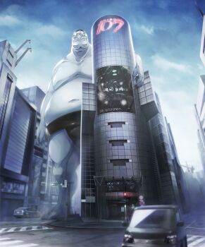 Rule 34 | 1boy, building, chaos;child, city, cityscape, cloud, day, fat, fat man, game cg, giant, highres, motor vehicle, non-web source, official art, outdoors, sasaki mutsumi, scenery, science adventure, shibuya 109, sky, sumo, sumo sticker (chaos;child)